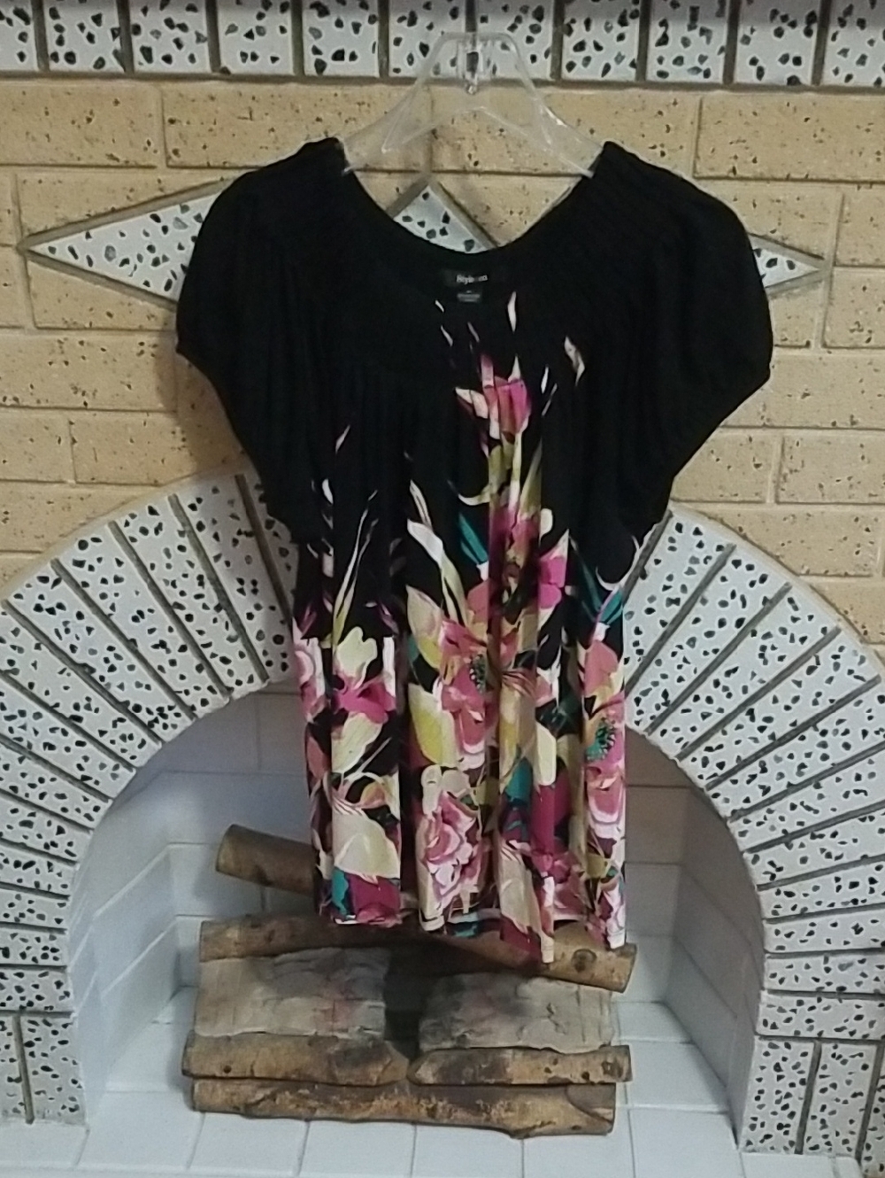 Style & Co. Black Floral-Print Scoop-Neck Blouse with Pink Accents